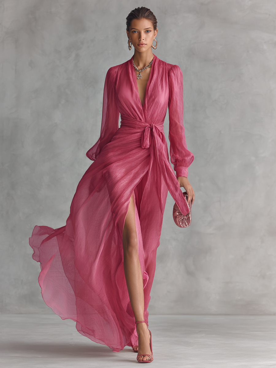 Εlegant μακρύ φόρεμα γυναικείο σε ροζ πέρλα από chiffon με V ντεκολτέ και ζώνη στη μέση