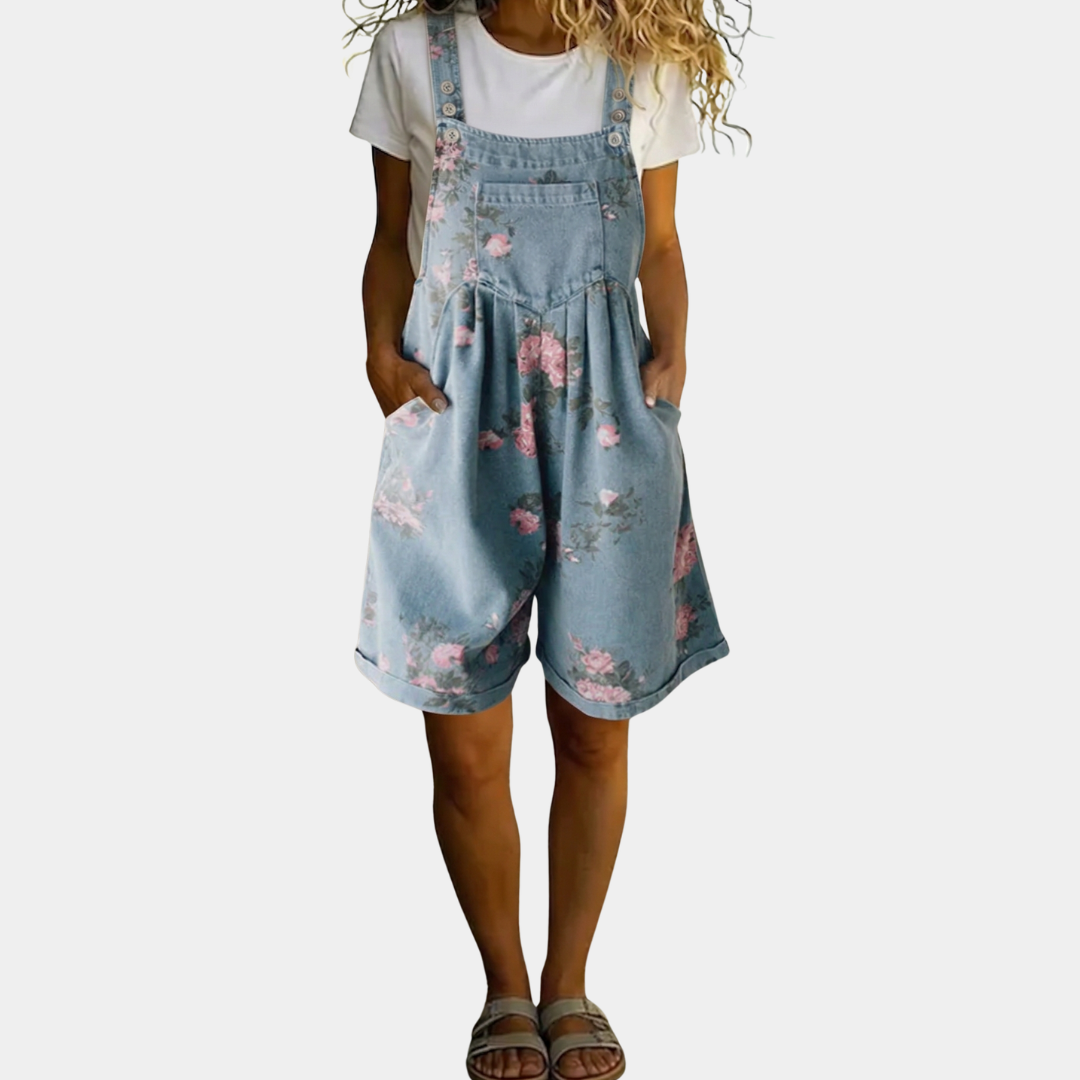 Judy | Vintage Washed Soft Cotton Feel Denim Λουλουδάτο Ολόσωμο Σακάκι