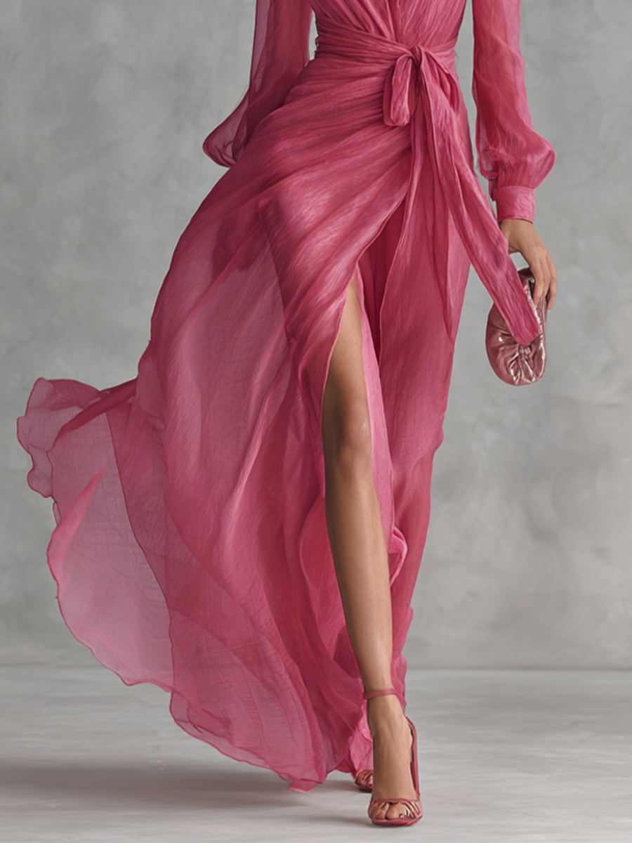 Εlegant μακρύ φόρεμα γυναικείο σε ροζ πέρλα από chiffon με V ντεκολτέ και ζώνη στη μέση
