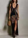 Bohemian-Style Printed Dress with Deep V-Neck and High Slit
