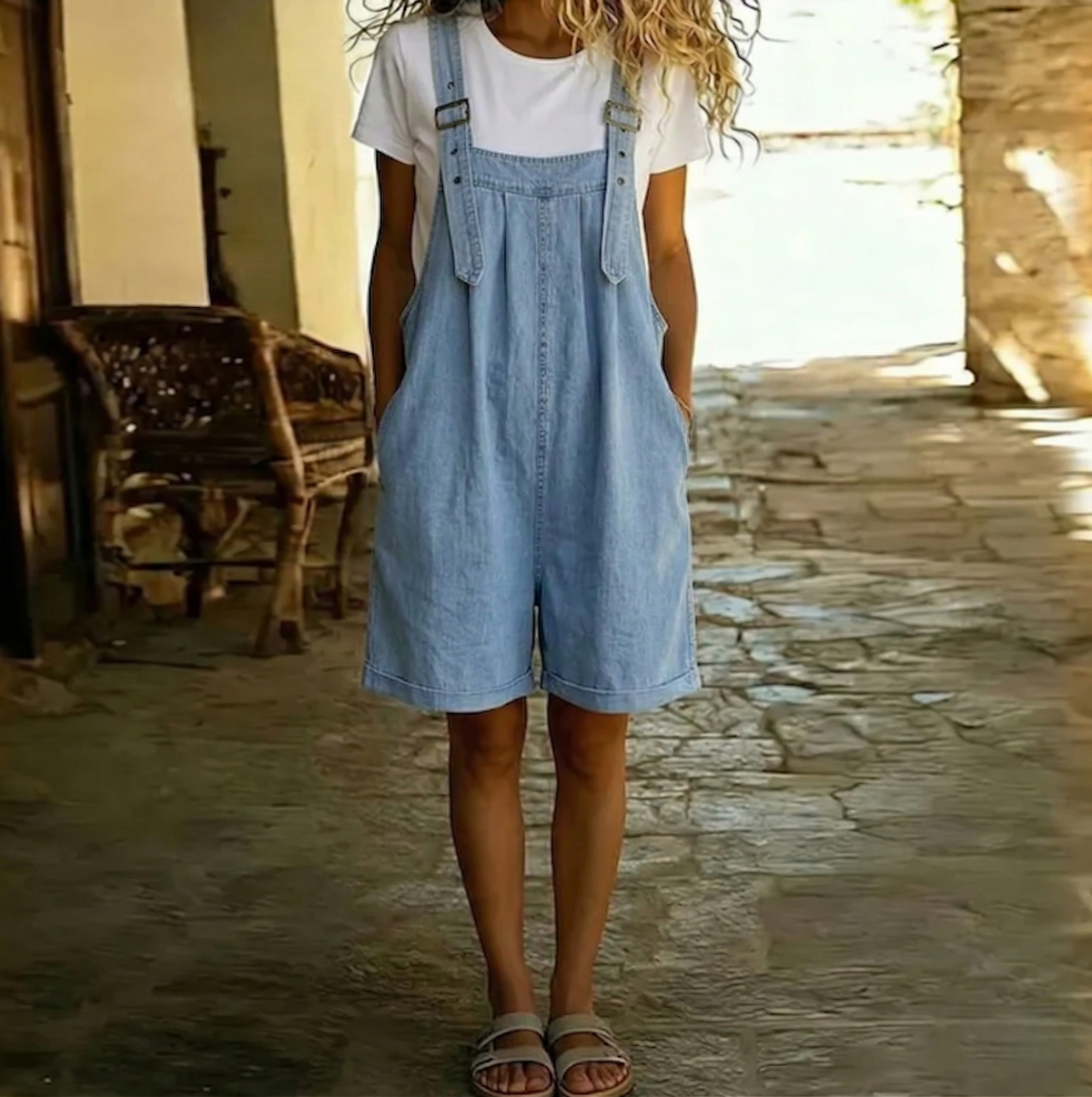 Clara | Vintage soft cotton denim short jumpsuit light blue