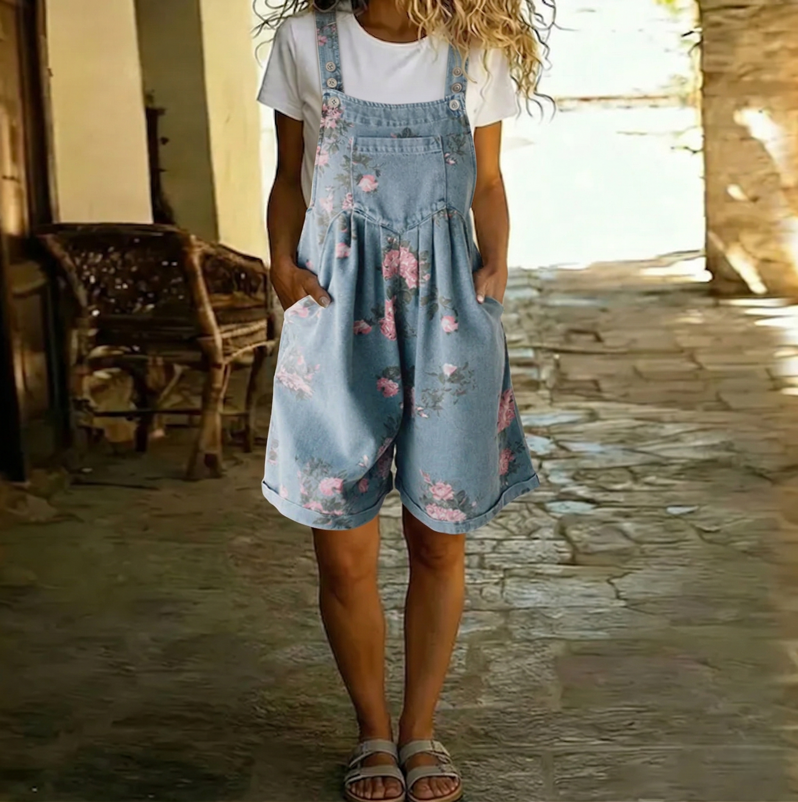 Judy | Vintage Washed Soft Cotton Feel Denim Λουλουδάτο Ολόσωμο Σακάκι