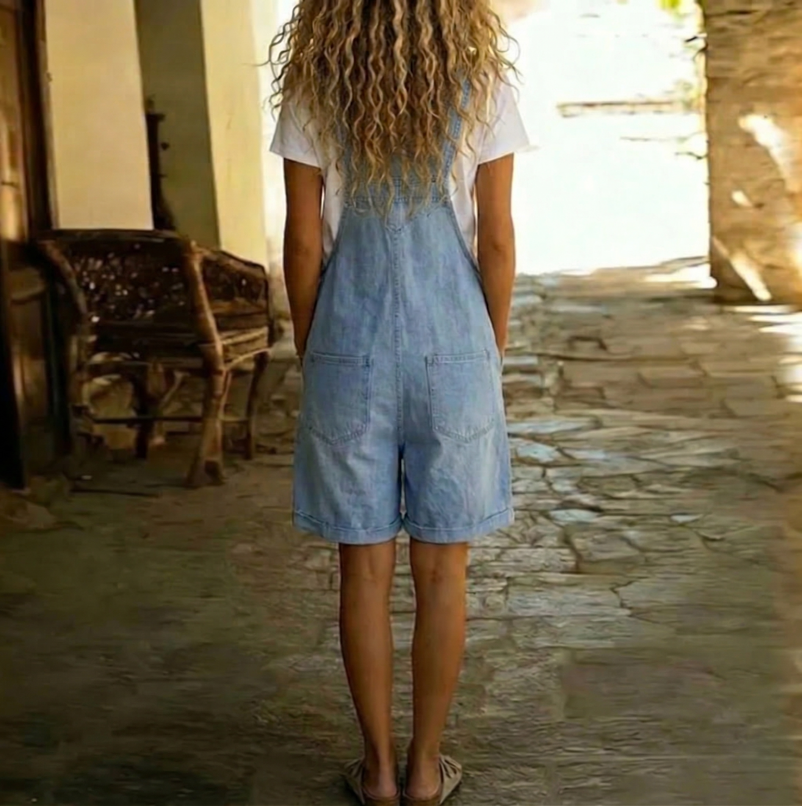 Clara | Vintage Washed Soft Cotton Feel Denim Short Overall Ανοιχτό μπλε