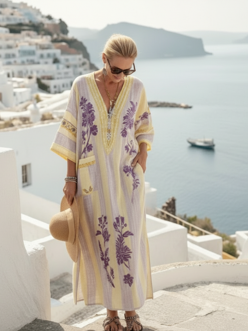 Aurelia | Μακρύ Φόρεμα με V Λαιμό και Μισά Μανίκια σε Ριγέ Λουλούδια