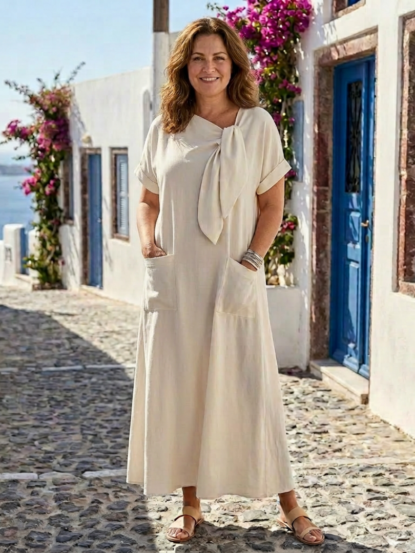 Elowyn | Μακρύ Φόρεμα Με Στρογγυλή Λαιμόκοψη και Κοντό Μανίκι