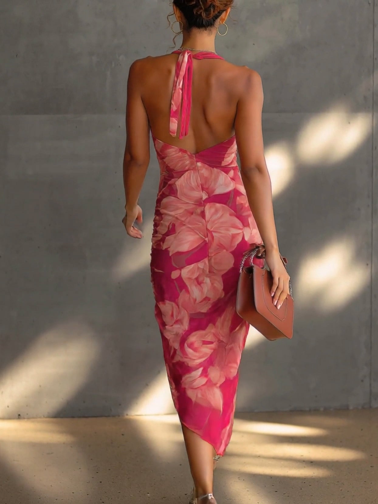 Φούξια Floral Print Αμάνικο Ραμμένο Πλευρικό Σχίσιμο Bodycon Φόρεμα