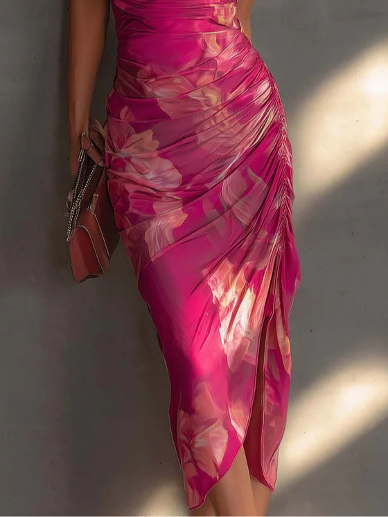 Φούξια Floral Print Αμάνικο Ραμμένο Πλευρικό Σχίσιμο Bodycon Φόρεμα
