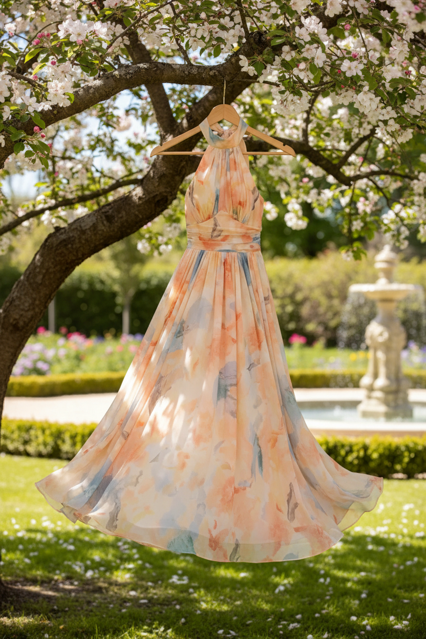 Esther™ | Maxi φόρεμα με λαιμόκοψη halter και εκτύπωση ακουαρέλας