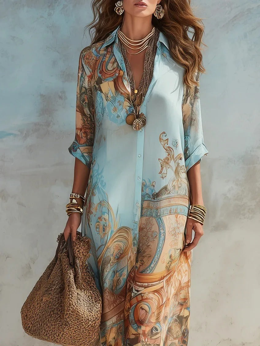 Élodie | Μακρύ Φόρεμα από Chiffon με Ανατολική Εκτύπωση