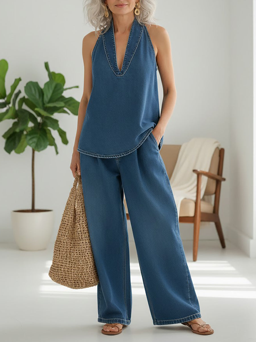 Ιβυ | Vintage Washed Soft Denim-Look Δίδυμο Σετ