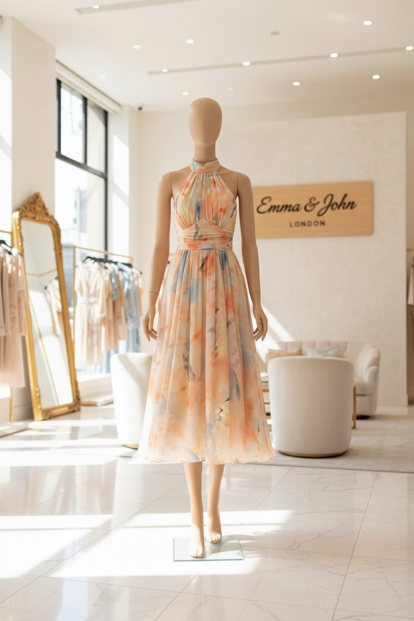 Esther™ | Maxi φόρεμα με λαιμόκοψη halter και εκτύπωση ακουαρέλας